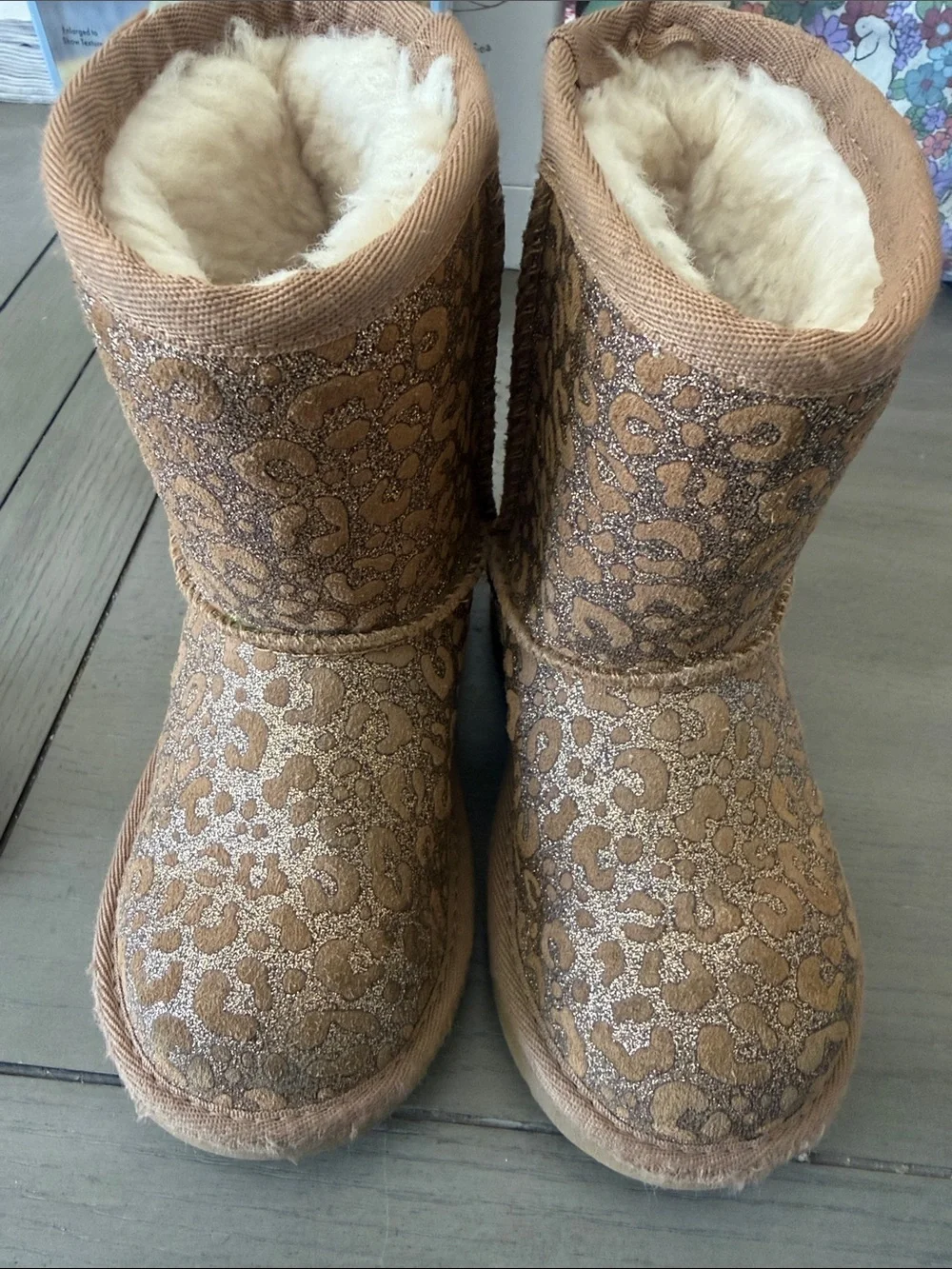UGG Kids Tan Glitter Leopard Print Shearling Boots